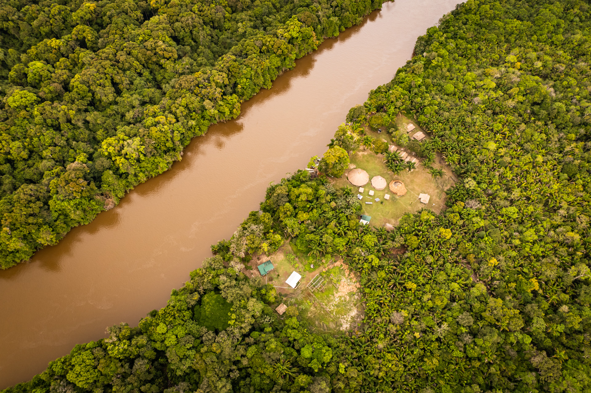 Aerial of Rewa Eco Lodge and the river.