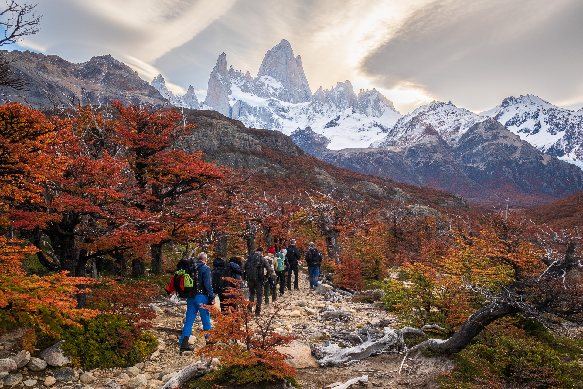 Trekking under Fitz Roy mountain range with fall colors.