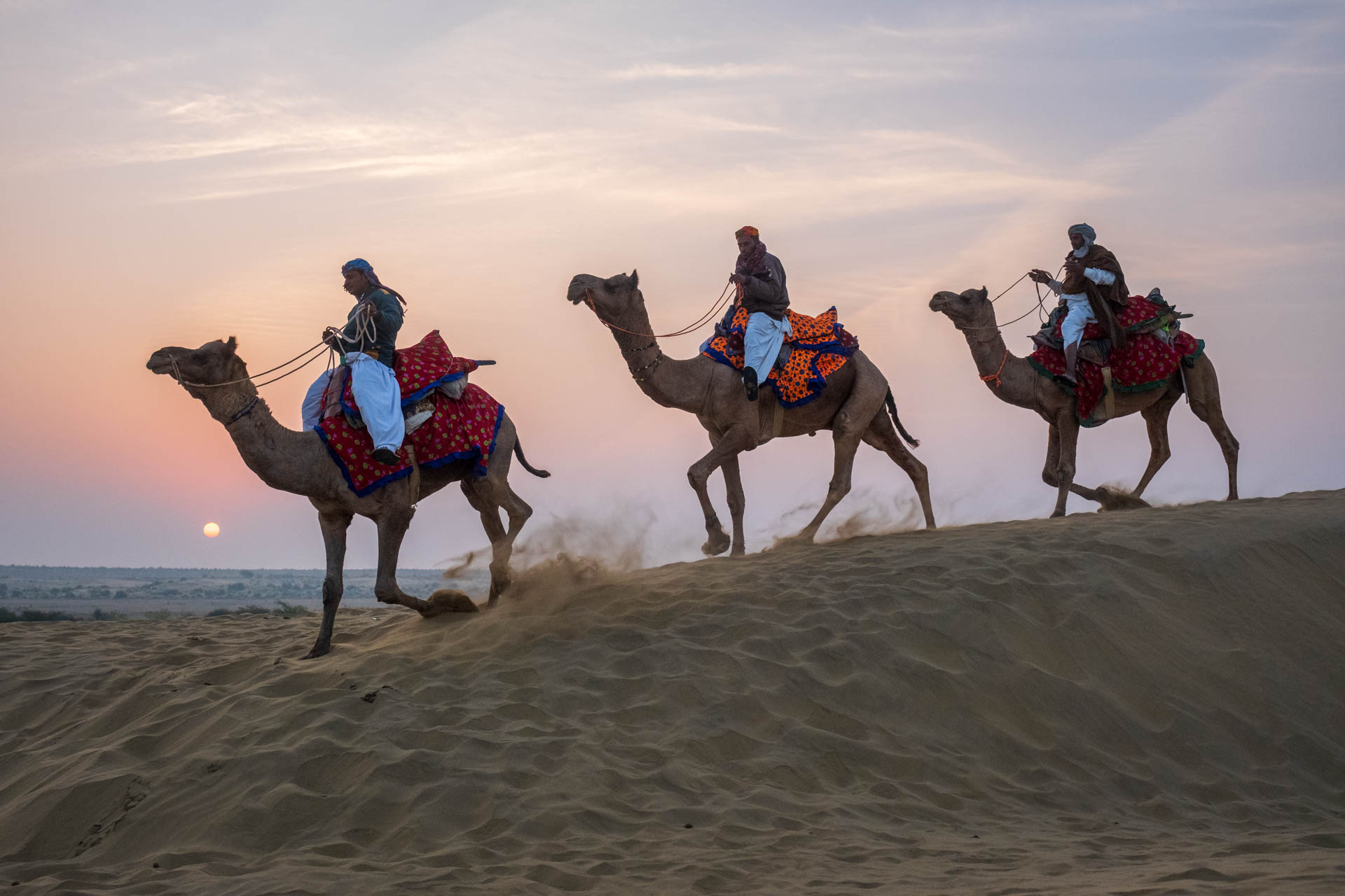 Kamele mit ihren Besitzern in der Thar-Wüste.