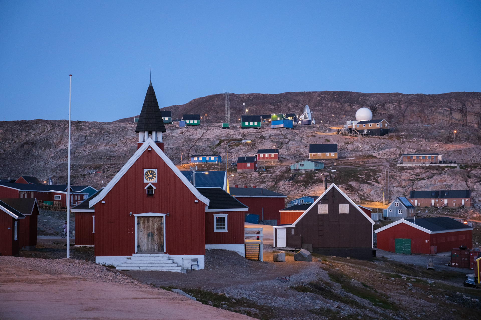 Church in Ittoqqortoormiit in Scoresbysund during blue hour.