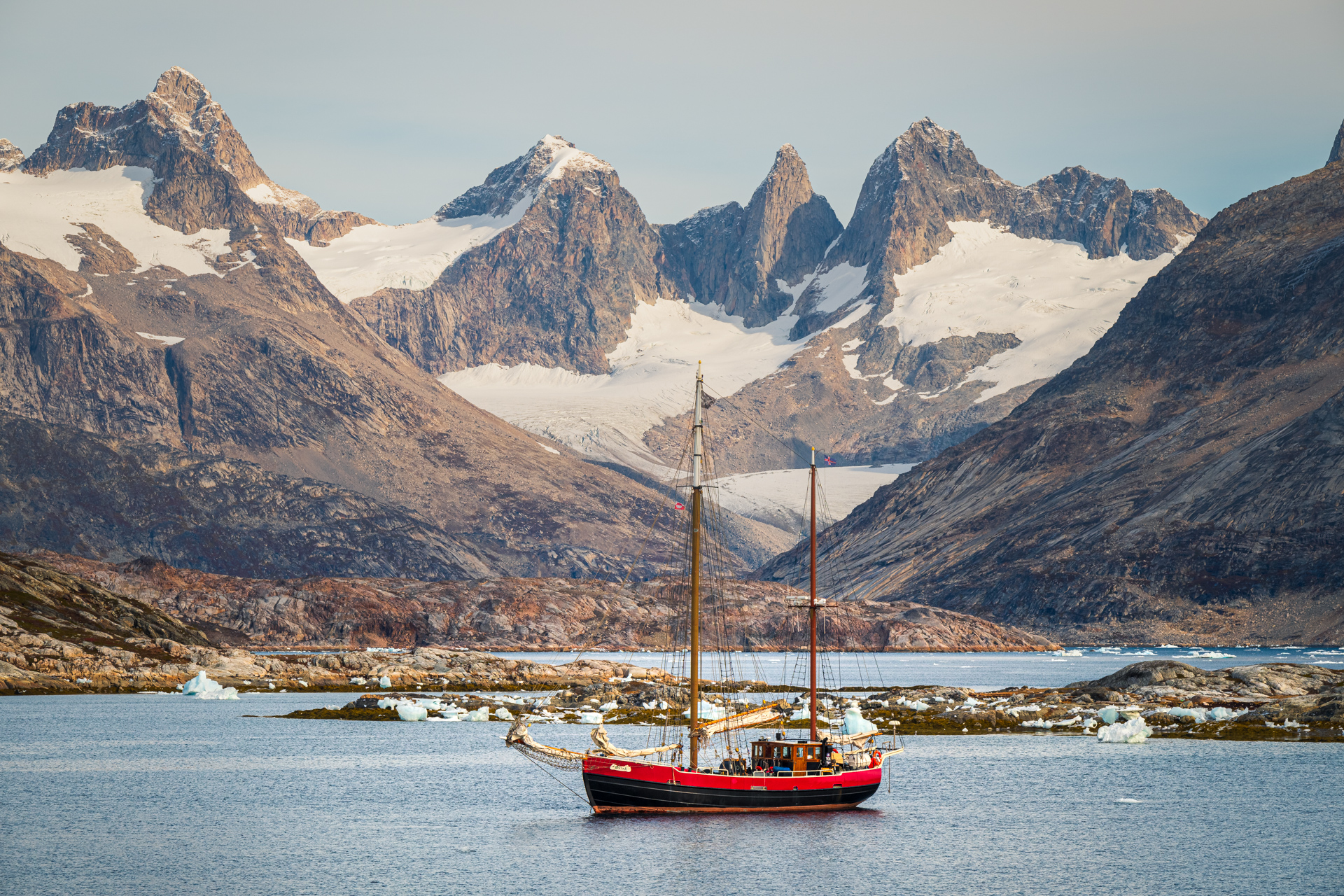 Expedition sailboat anchored in Greenland 