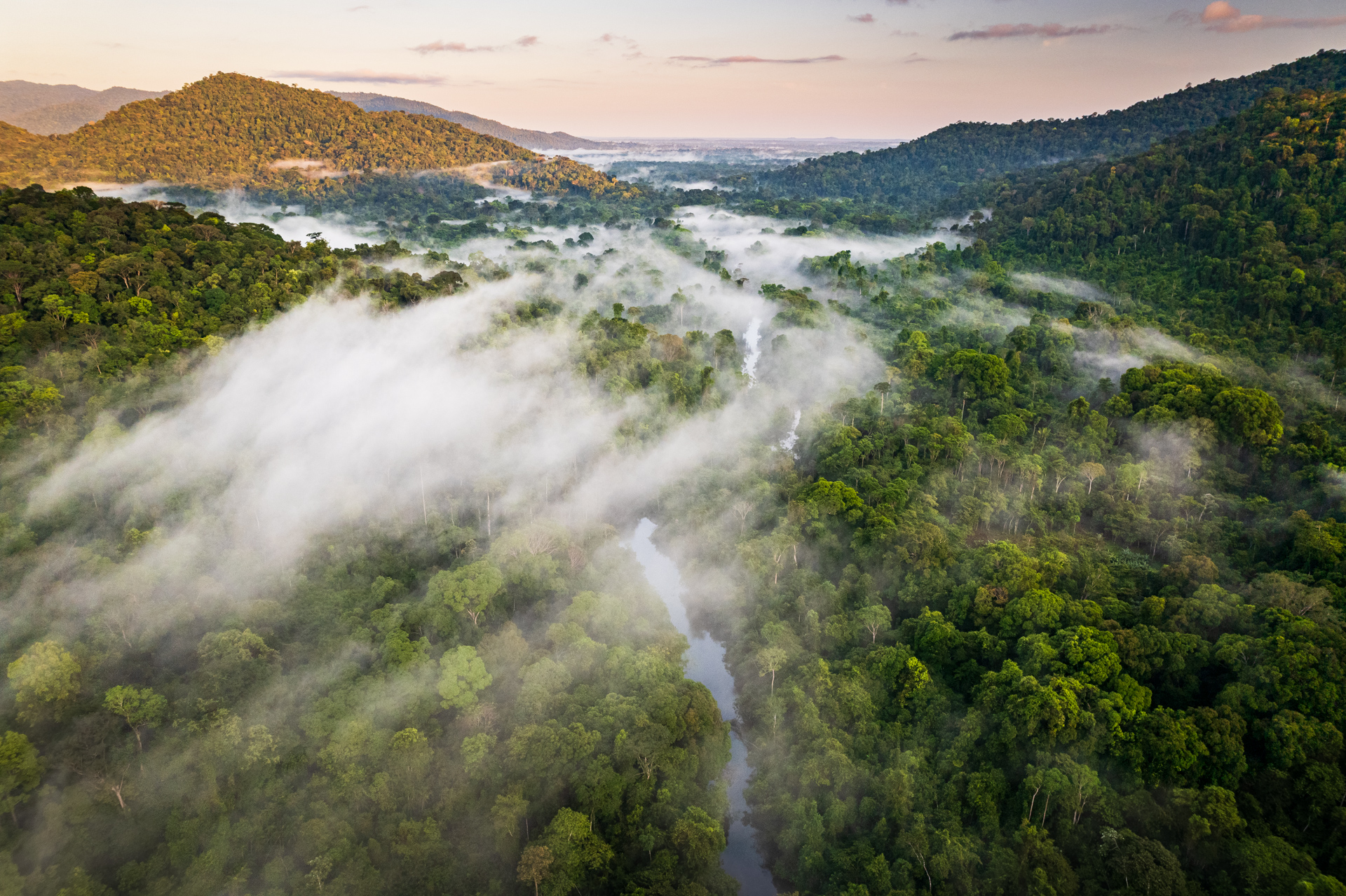 The Mapari River in Guyana covered with morning mist and surrounded by the Kanuku Mountains.
