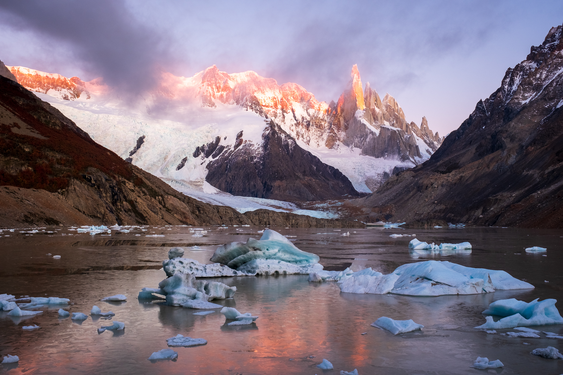 Sunrise at Laguna Torre in Argentinian Patagonia.