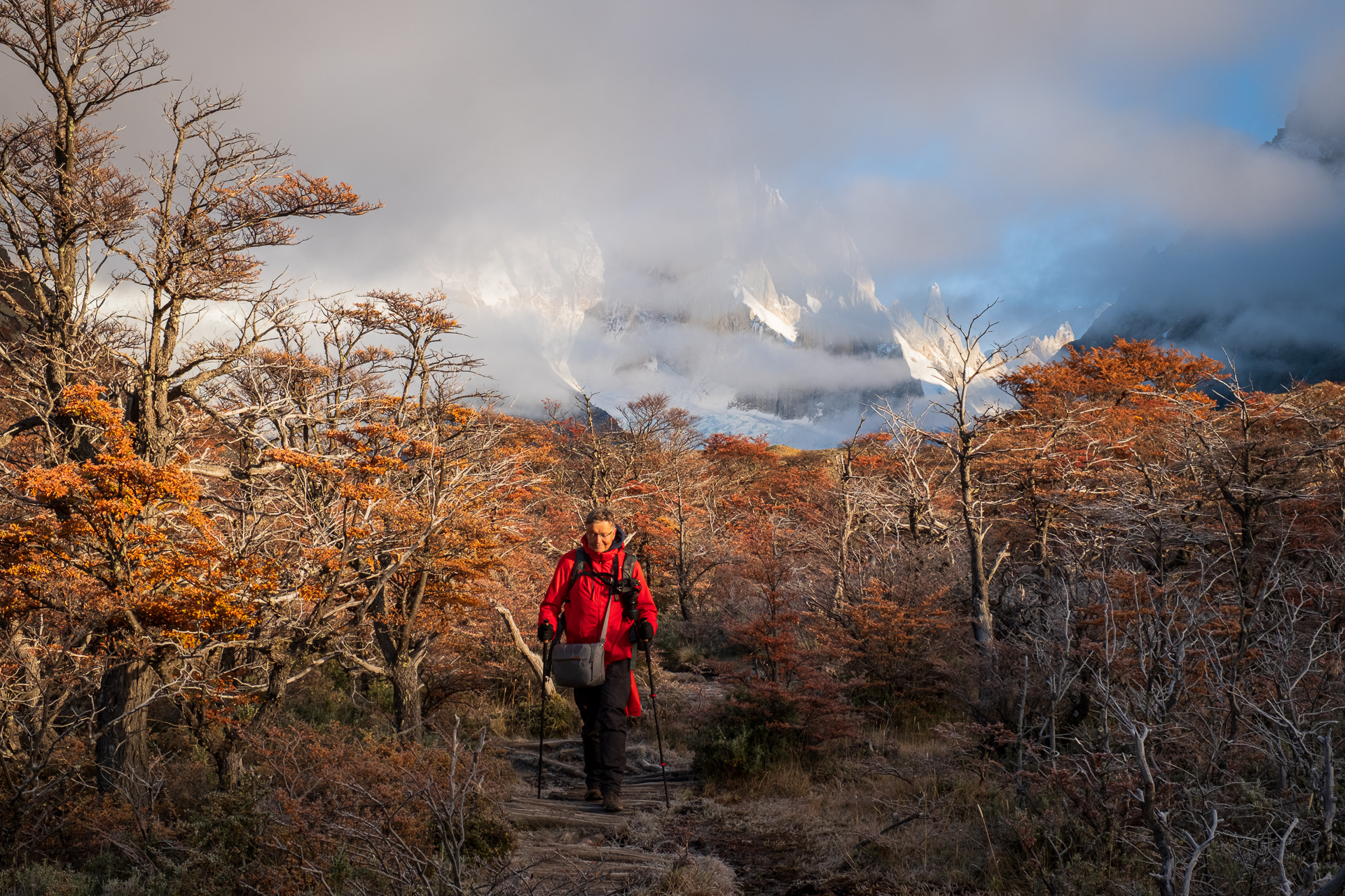 Trekking in front of Cerro Torre and fall foliage.