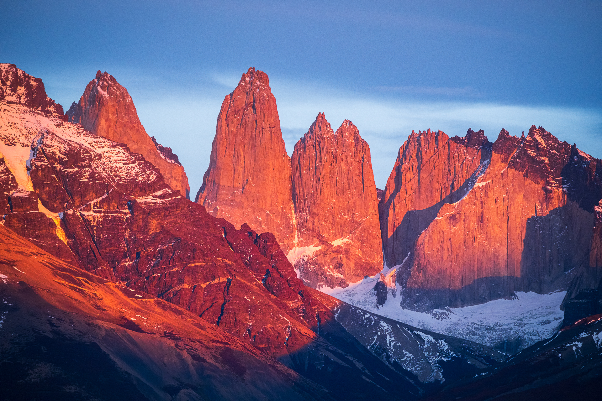 Torres del Paine in first sunlight.