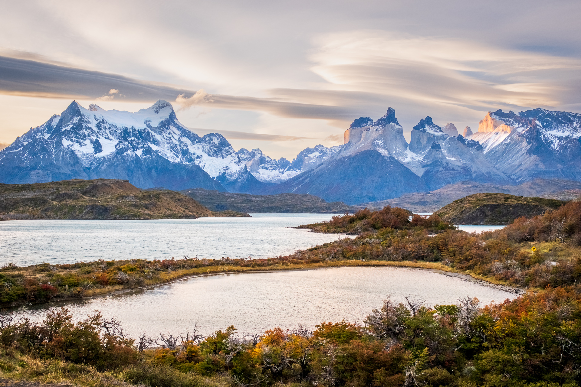 Torres del Paine mountain range before sunset.