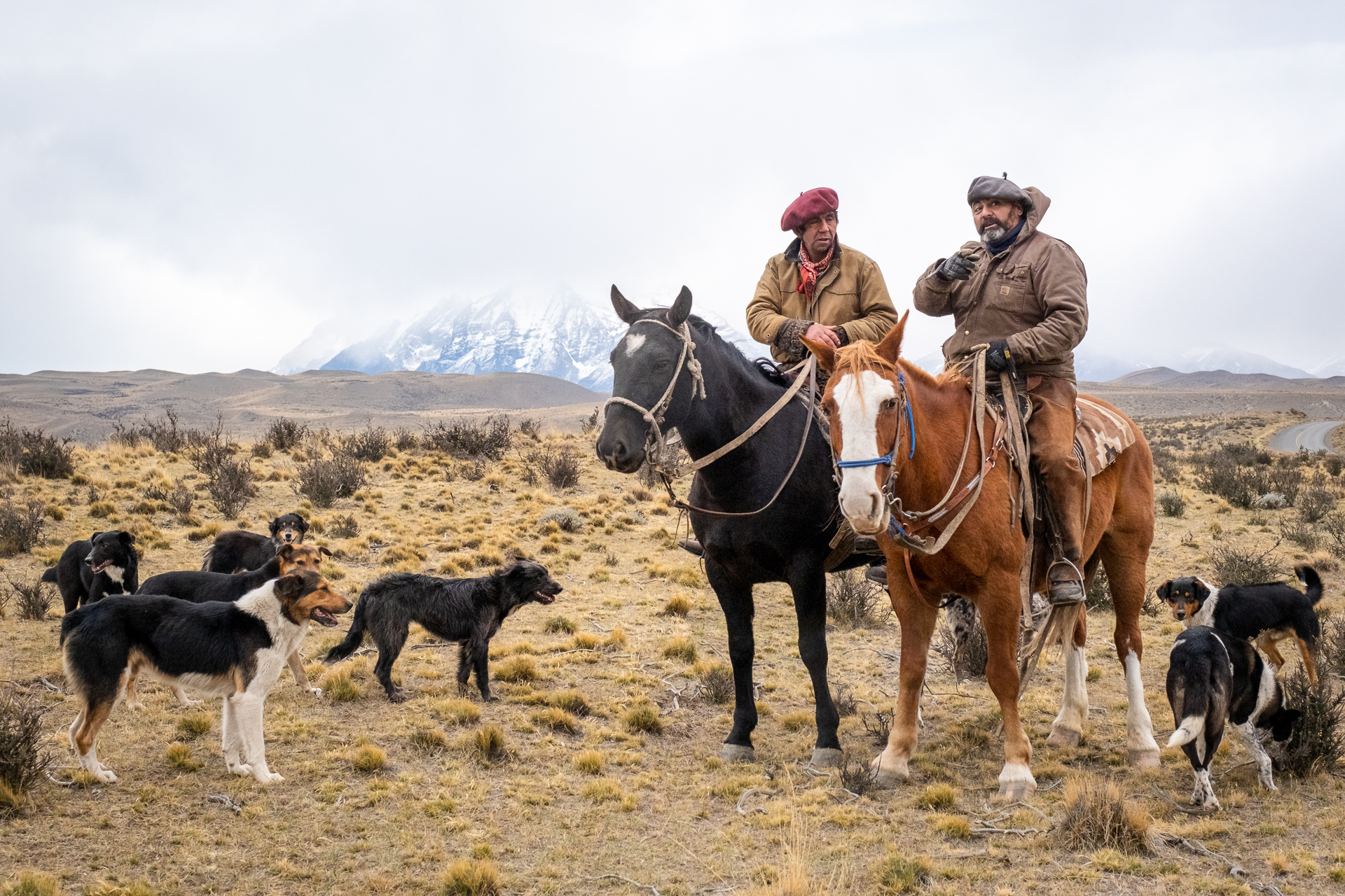Gauchos having a talk on horses in Torres del Paine National Park.