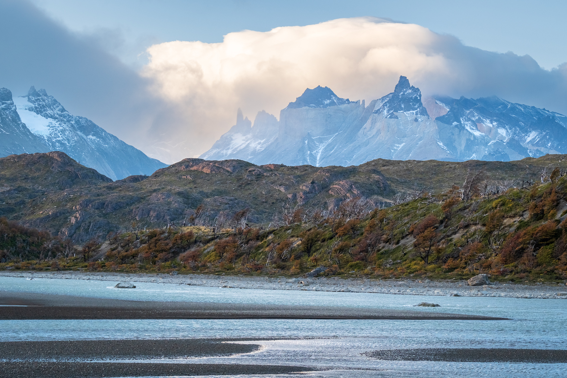 Torres del Paine Mountain range view from Lago Grey.